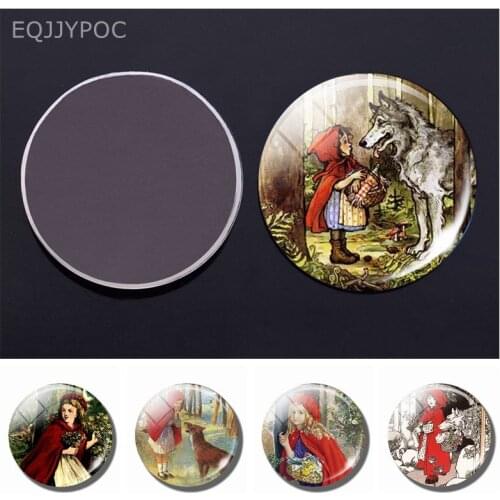 30MM Cartoon Fridge Magnet Art Red Riding Hood Book Wolf Fairy Tale Glass Cabochon Magnetic Refrigerator Stickers Home Decor
