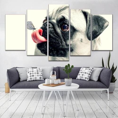 HD Printed 5 Piece Canvas Art Cute Pet Dog Painting Pugs Wall Pictures for Living Room Framed Poster Interior decoration paintin