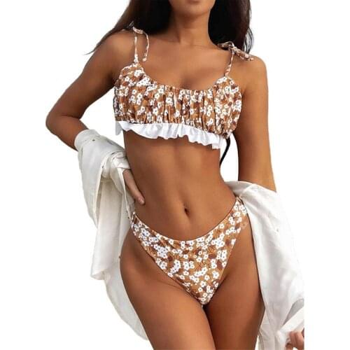 Bikini Sexy Ruffles Floral Side Beachwear Thong Two Piece Suits Solid Swimsuit Women V Neck Swimwear Bikini Set Mujer Verano