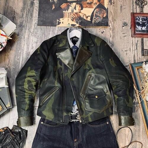 CD758 Read Description! Asian Size Super Top Quality Genuine Italian Leather & 22oz Raw Denim Slim Classic Stylish Camo Jacket