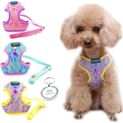 Pet Small Dog Harness and Leash Set Puppy Vest Harness Chihuahua Pug Bulldog Cat Harness Lead with ID Nameplate Personalised Tag