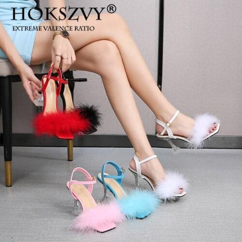HOKSZVY 2021 Sandals Heels Wineglass Heel Furry Shoes Stiletto Square Toe Strap Fashion Stiletto Sandals Fur Sandals LFD