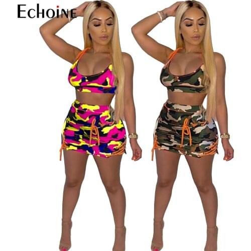 Echoine Sexy Club Camouflage Print Women Two Piece Set Tracksuit Tank Tops Lace Up Bodycon Mini Skirt Suit Fitness Outfit Dress