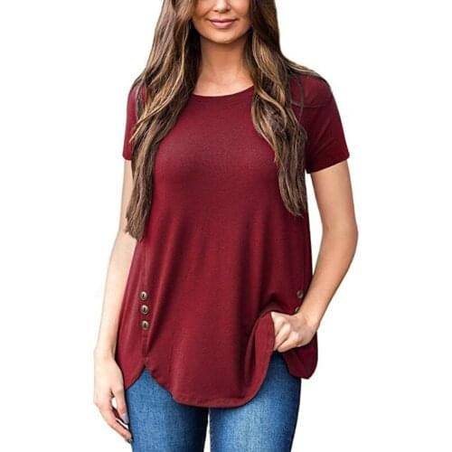 Summer Women T-shirt Round Neck Button Decoration Stitching Solid Color Size S To XXL Loose Type Short Sleeve Female Streetwear