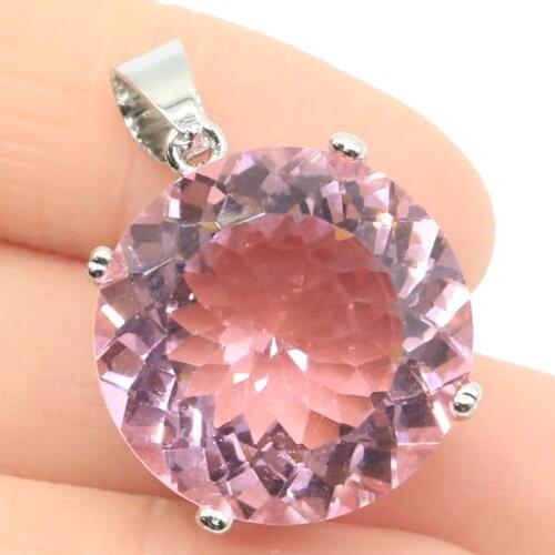 30x20mm SheCrown Hot Sell Big Round Jewelry Set Created Pink Kunzite CZ For Womans Daily Wear Silver Pendant Earrings