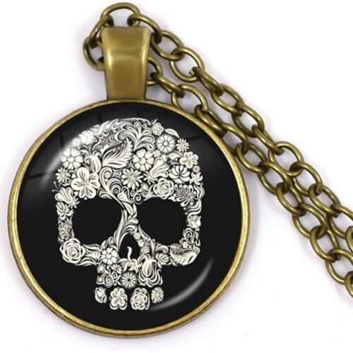 Mexican Sugar Skull Pendant Necklace Flower Glass Cabochon Skeleton Charm Chain Necklace Jewelry Accessories