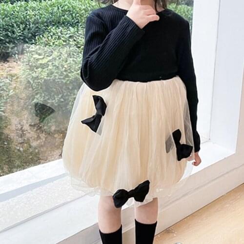 Long-sleeve Bubble Net Yarn Stitching Sweet Princess Dress Autumn Childrens Clothes Korean Bow Cute Birthday Party Girl Dress