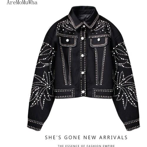 AreMoMuWha Europe 2019 Autumn New Shirt Ceramics Heavy Work Hot Drilling Leaves Trend Street Net Red with The Coat Female MH350