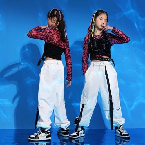 Girls' Ballroom Dance Clothes Long Sleeves Leopard Tops Hip-Hop Street Dancing Cargo Pants Catwalk Performance Stage Suit BL6767