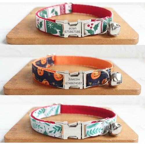 Pet Personalized Kitten Cat Collar Bell Engraving Small Dog Collars Necklace Puppy Bulldog Chihuahua Christmas Halloween Pattern
