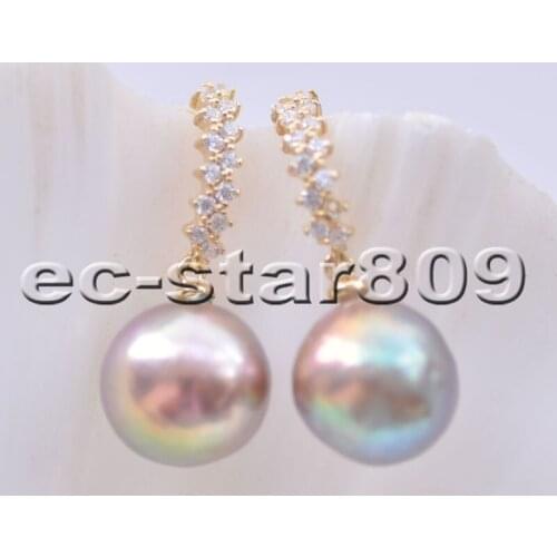 P6551 Lustre 12mm Peacock-Lavender Round Keshi Edison PEARL Dangle Earring CZ