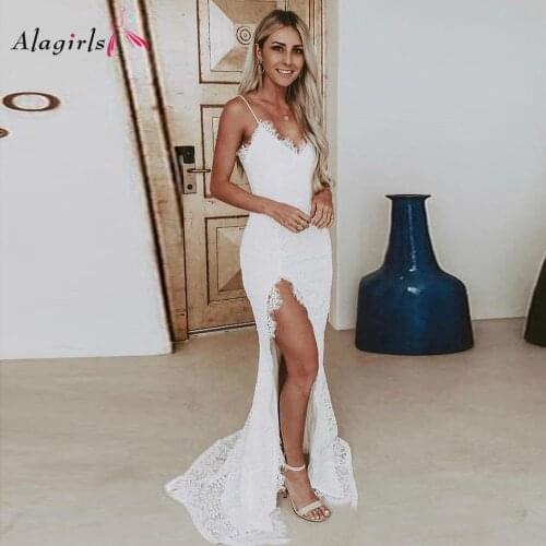 Simple Embroidery Mermaid Wedding Dress 2020 Spaghetti Strap V-neck High Split Robe Sexy Tight Beach Bride Dress