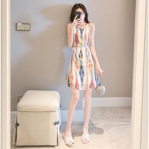 S-3xl Summer Slim A-line Chiffon Patchwork Print With Belt O-neck Sleeveless Color Plus Size Women Party Cocktail Dresses 9240
