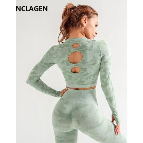 NCLAGEN Yoga Top Shirt Motion Women Quick Drying Running Breathable Hollow Out Seamless Long Sleeve Sport Fitness Gym T-shirt