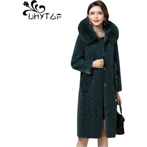 UHYTGF Autumn Winter Faux Fur Coat Women Warm Plus size Fur collar Hooded Long Coat Ladies Fur Jacket Female Plush Overcoat 1031