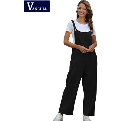 Vangull Women Jumpsuit Casual Ladies Adjustable Suspenders Cotton Linen Solid Color Straight Barrel High Waist Jumpsuit 2021 New