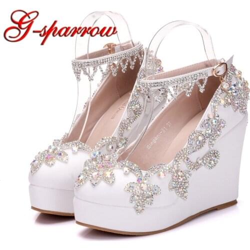 Handmade Gorgeous Crystal AB Color Women Pumps White Wedding High Heels Wedges High Heel Party Prom Shoes Buckle Straps Pumps
