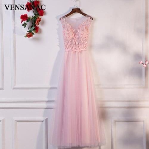 VENSANAC 2018 A Line O Neck Bow Sash Tulle Long Evening Dresses Elegant Party Lace Flowers Appliques Prom Gowns