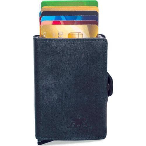 Vintage Crazy Leather Automatic Pop-Up Leather Card Holder Indigo with Two Mechanisms