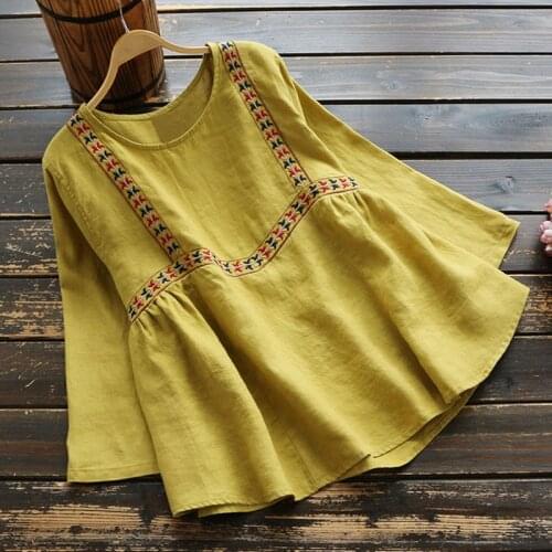 2019 Fall Spring Women Embroidery Loose Korean Yellow White Red Linen Blouse Top Shirt , Womens 4XL O Neck Tops and Blouses