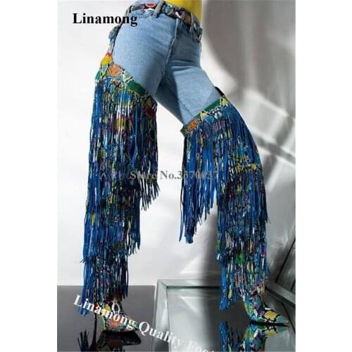 Linamong Sexy Pointed Toe Blue Snake Leather Waist Buckles Long Stiletto Heel Tassels Boots Sexy Fringes Thigh High Boots