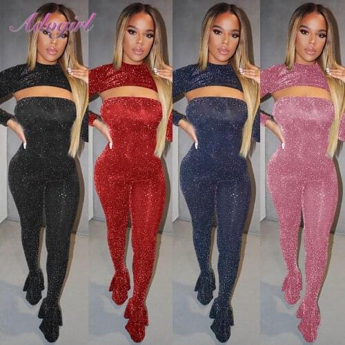 Women Night Party Jumpsuit Clubwear Two Piece Sets 2020 Sexy Sequines Strapless Flare Legging Jumpsuit Crop Tops Outfit Rompers