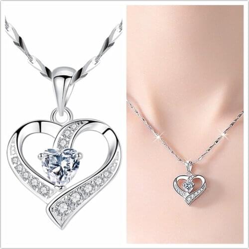 Trendy Silver 925 Girl Clavicle Necklace Jewelry Women Bright CZ Heart Pendant Necklace Female Choker Bijou Girlfriend Birthday