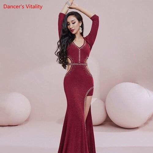 Belly Dance Dress Diamond-Studded Long Skirt PracticeClothes Female Adult High-end V-Neck Profession Performance Clothing