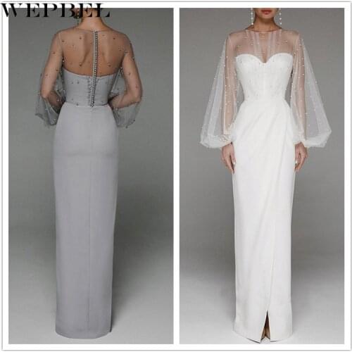 WEPBEL Women Sexy Mesh Pearl Hollow Out Party Evening Dress Ladies Elegant Long Lantern Sleeve High Split Prom Gown
