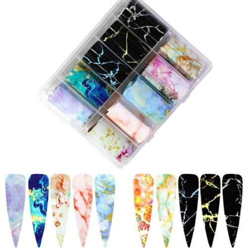 1 Box(10 Rolls) Nail Foil Polish Stickers Marble Designs Nail Transfer Foil Holographic DIY Bright Marble Glitter Sticker Decals