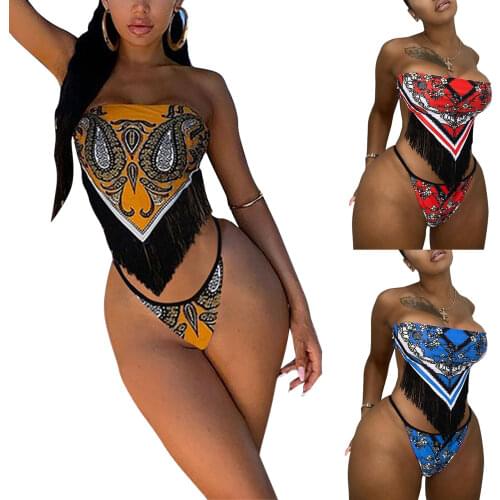 2 Pcs Women Sexy Bathing Suits Swimwear Women Padded Printed Boat Neck womens swimming suit Fringe Bikini 2021 mujer