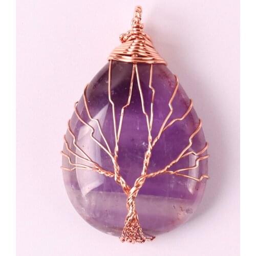 Free Shipping Tree of life Wire Wrap Natural Stone Bead Purple Crystal Handmade Necklace Pendant Teardrop 1Pcs K2026
