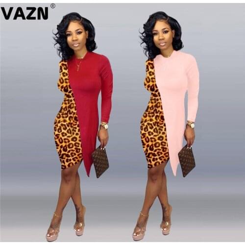 VAZN 2020 Night Party Elegant O-neck Full SLeeve Leopard Stretch Dress Street Women Casual Dress Sexy Mini Dress