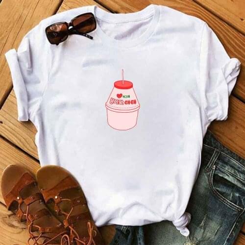 Fashion Summer Strawberry Drink Box Print Graphic Tees Women Japanese Streetwear Harajuku Print T-shirts Women Short Sleeve Top