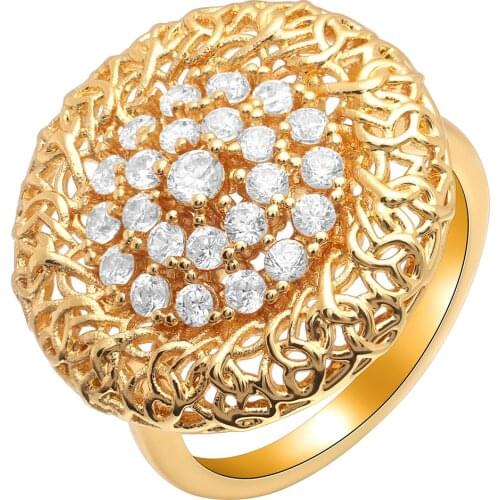 Amazing Gold Flower Hollow Round Wreath Ring Pave Clear Zircons Crystal Beautiful Wedding Engagement Ring For Women Gift