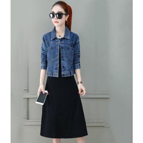 Women set Basic Jackets Women Denim Short Tops Turn-down Collar Vintage autumn Long Sleeve Black Mid-Calf Dress Two-piece suit