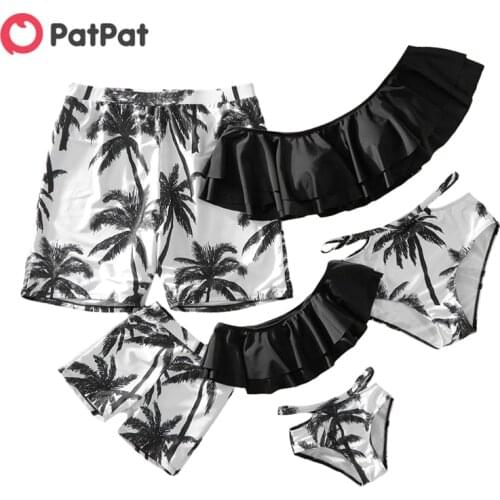 PatPat 2021 New Summer Off-shoulder Flounce Coconut Tree Print Matching Swimsuits Family Look Childrens Clothing