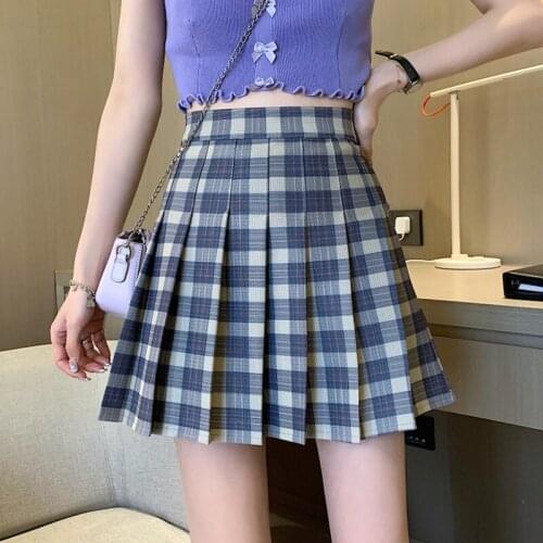 Summer pleated skirt 2021 new fashion plaid skirt female small figure thin high waist A-line skirt