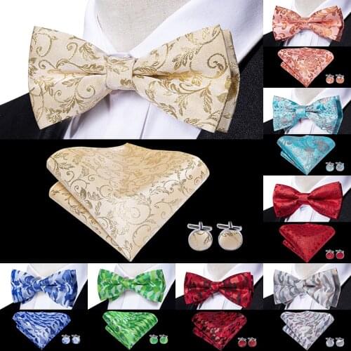 LH-501 Hi-Tie Silk Mens Bow Ties for Men Classic Paisley Wedding Party Bowtie Handkerchief Cufflinks Set Gold Bowtie Set