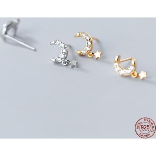 LKO 925 Sterling Silver Shiny Inlaid Zircon Star Moon Sweet Small Stud Earrings for Women Party Trendy Jewelry Accessories