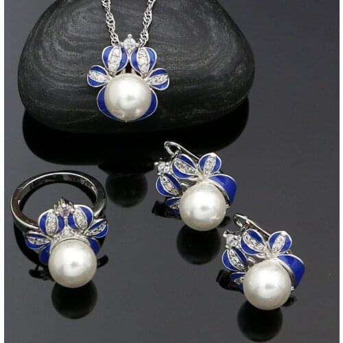 Reindeer Jewelry Christmas Gift 925 Silver Jewelry Set Pearl Blue Enamel Earrings Ring Necklace Pendant for Women