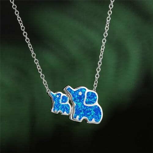 Double Elephant Animal Pendant Necklace White Blue Opal Stone Wedding Necklace Rose Gold Silver Color Chain Necklaces For Women