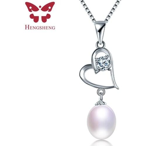 HENGSHENG Hot Sale Natural Freshwater Oval Pearl Necklace 925 Sterling Silver Heart Zircon Pendant Necklace For Women