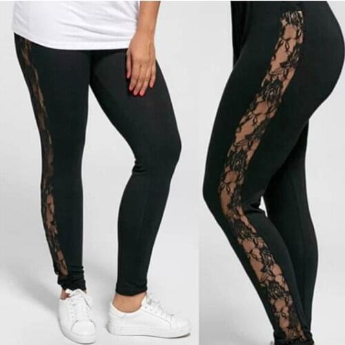 2019 GAOKE Ladies Floral Lace Patchwork Side Panel Cut Out Black Empire Leggings Womens Sexy Black Causal Leggings Plus Size