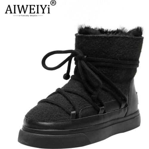AIWEIYi Women Wool Ankle Boots Female Snow Boots Fur Warm Lace Up Bandage Casual Shoes Woman Flats Platform Boots