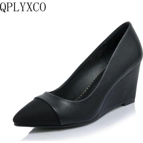 QPLYXCO High-quality Fashion Shoes woman Genuine leather 2018 High Heels Wedges Platform Pumps Elegant Wedding women shoes 18-26