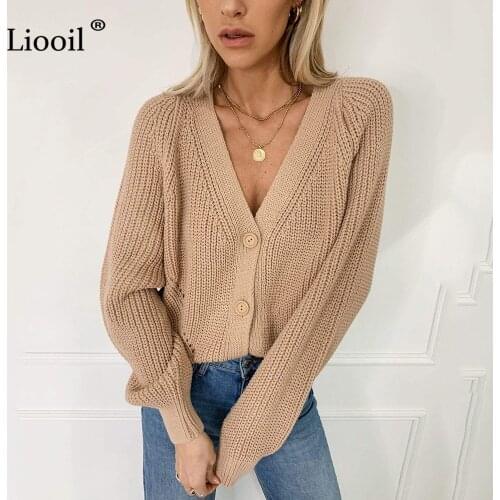 Liooil Casual Knitted Sweater Women 2020 Cardigan Lantern Sleeve Long Sleeve V Neck Button Up Female Autumn Winter Sweater