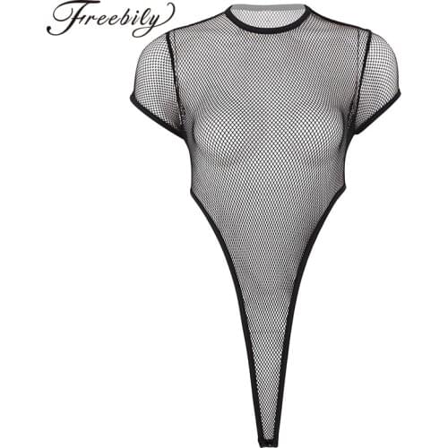 Women See Through Sheer Fishnet Lingerie O-Neck Short Sleeves Transparent Porno High Cut Thong Bodystocking Hot Sexy Bodysuit