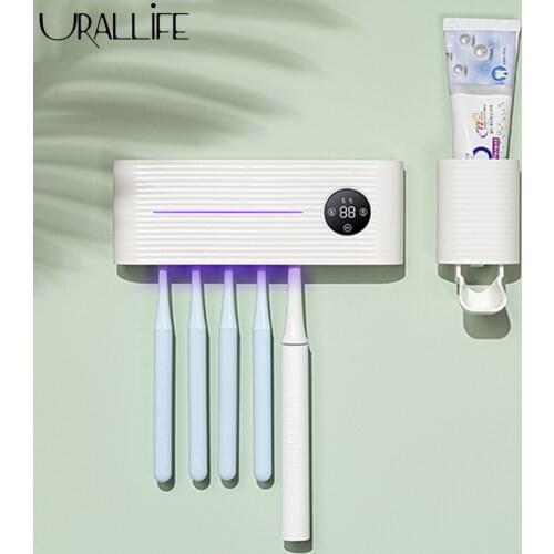 Urallife Toothbrush Sterilization Holder Set Auto Toothpaste Squeezer Electric Toothbrush Sterilization LED Temperature Display