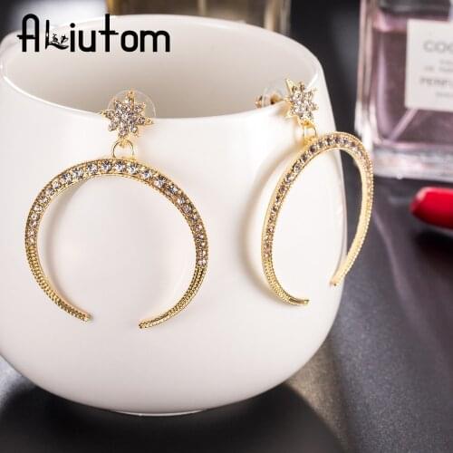 ALIUTOM New Fashion Polygonal Stars Big Crescent Crystal Drop Earrings Lady retro exaggerated European style earrings